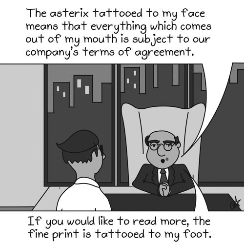 Bottom Caption: 'If you would like to read more, the fine print is tattooed to my foot.' 