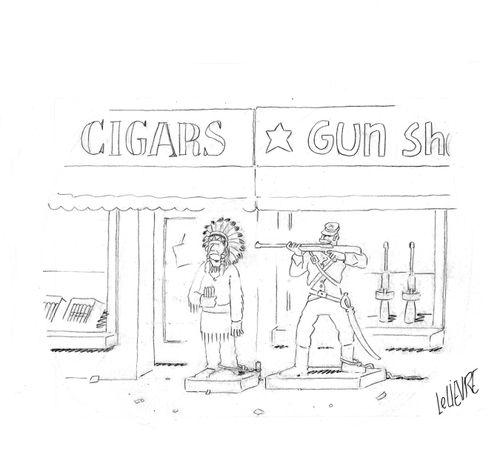 Cigar store Indian being shot by gun store soldier.