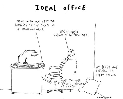 Ideal Office: 'Desk with mattress top (adjusts to the shape of the head and arms)...Office chair collapses to form bed...