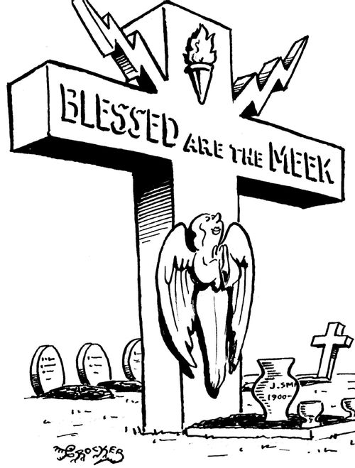 Ostentatious gravestone bearing the inscription 'Blessed are the Meek'.