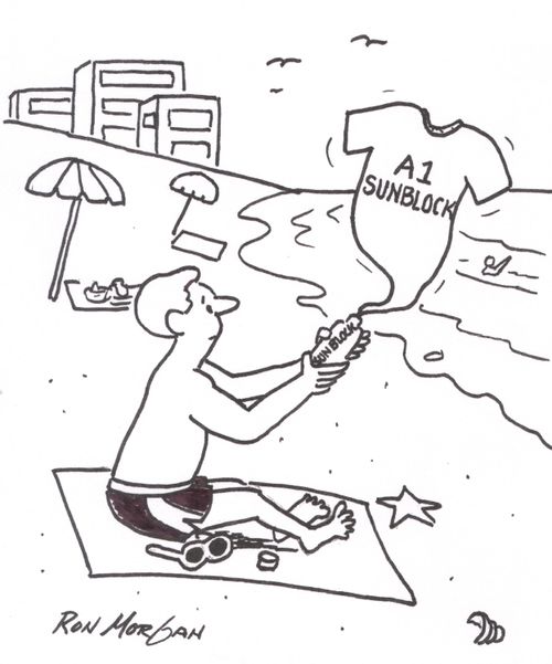 Beach goer squeezes sun block tube and a t-shirt pops out.