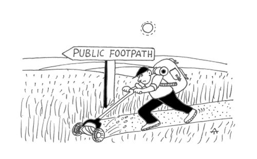 Hiker mowing his way along an overgrown public footpath.
