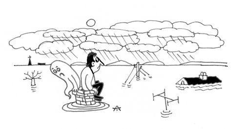 Floods leave man and ghost stranded.