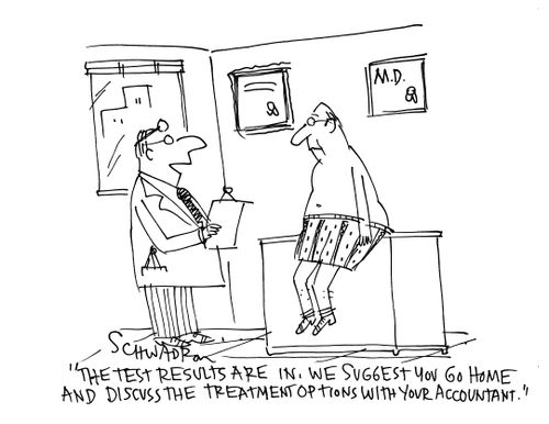 'The test results are in. We suggest you go home and discuss the treatment options with you accountant.'