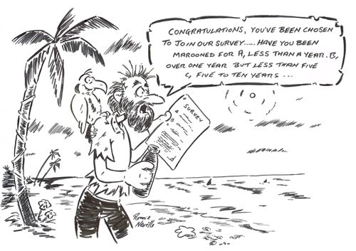 'Congratulations, you've been chosen to join our survey...have you been marooned for A, less than one year, B, over one year but less than five. C, Five years to ten years.....'