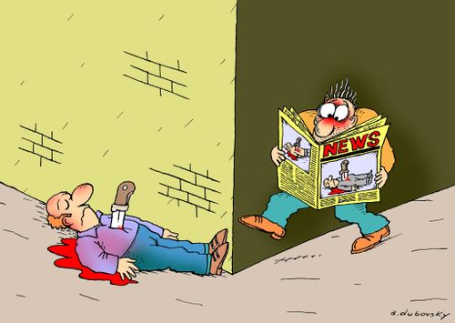 Man reads a newspaper article about a murder which he is walking past.