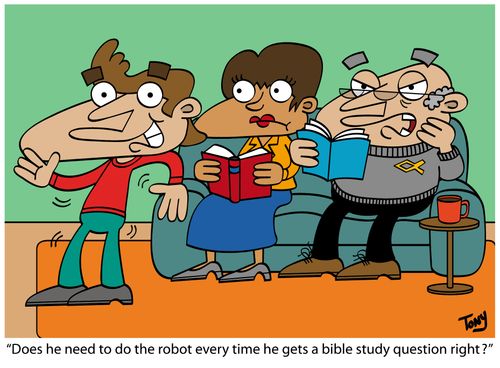 'Does he need to do the robot every time he gets a bible study question right?'