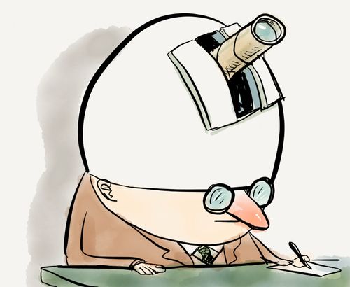 A man with a telescope peering out from his dome-like head.
