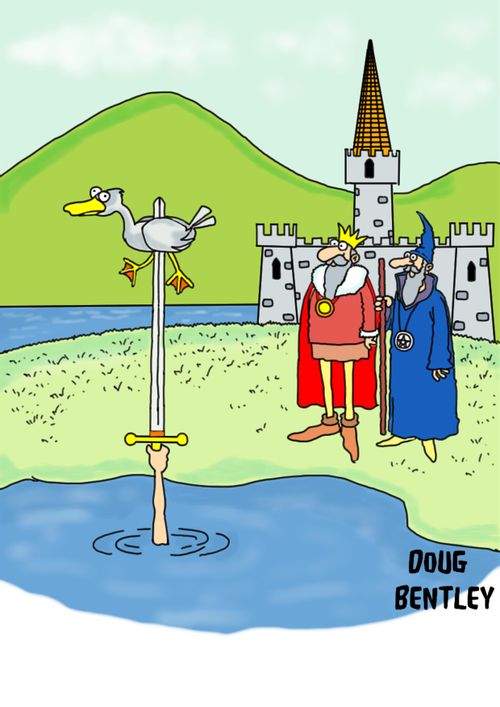 King Arthur watching the Lady of the Lake impale a passing duck.