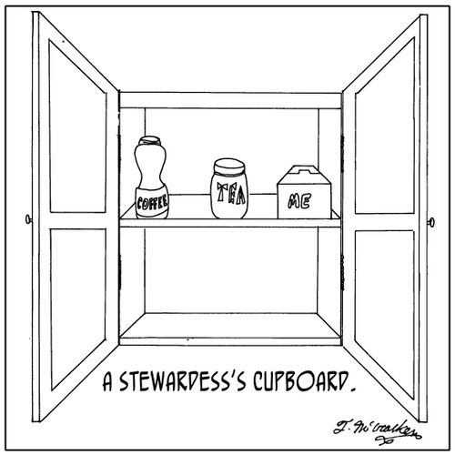 'A Stewardess's Cupboard.' On a shelf are a Jar of COFFEE, a tin of TEA, and a box of ME.