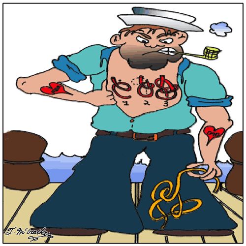 An old sailor with the directions for tying knots tattooed on his chest.