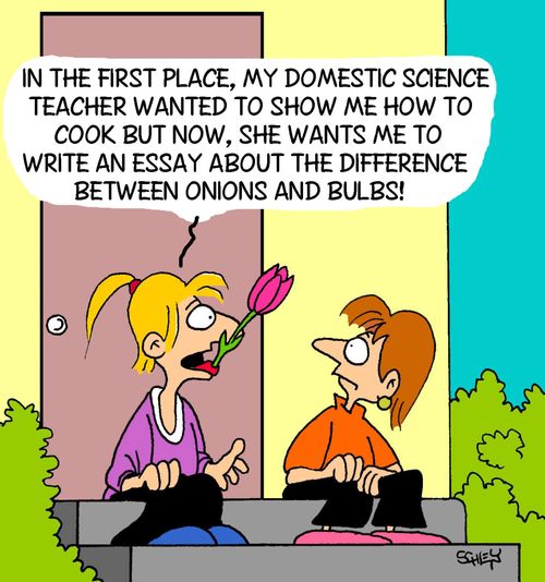 'In the first place, my domestic science teacher wanted to show me how to cook but now, she wants me to write an essay about the difference between onions and bulbs!'