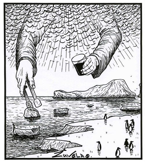 God taking iceburgs with ice tongs for his whisky.