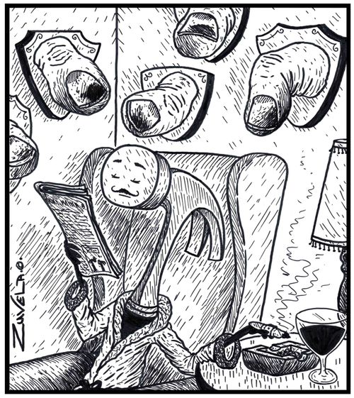 A hammer in his den enjoying a cigar and port with his collection of trophy thumbs above his head.