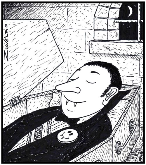 Vampire laying in his coffin wearing a Smiley badge.