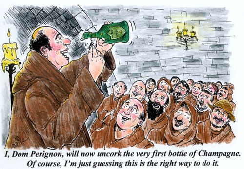 'I, Dom Perignon, will now uncork the very first bottle of Champagne. Of course, I'm just guessing this is the right way to do it.'