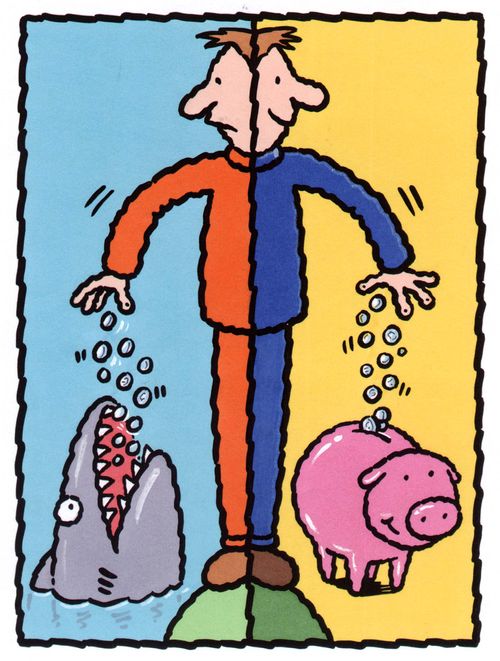 Money going to shark and piggy bank (colour).