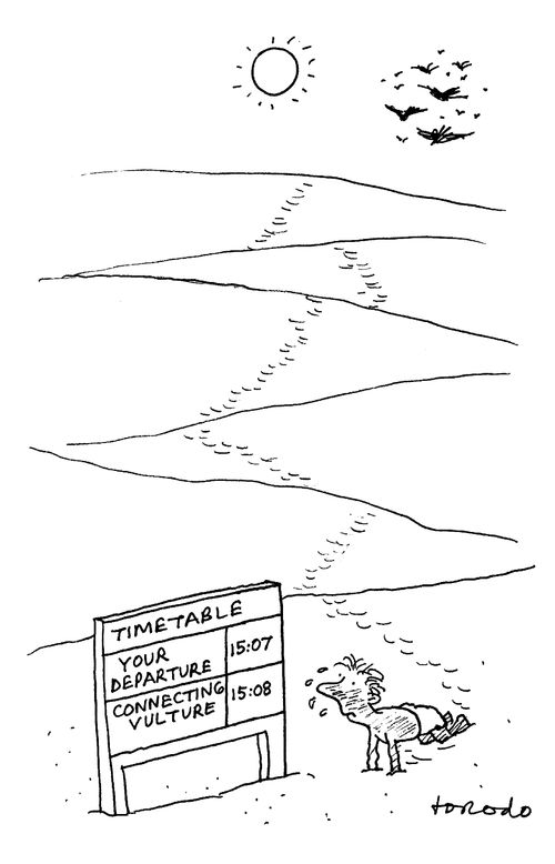 Timetable in a desert: 'Your departure...Connecting vulture...'