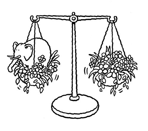 Elephant and flowers on a set of scales.