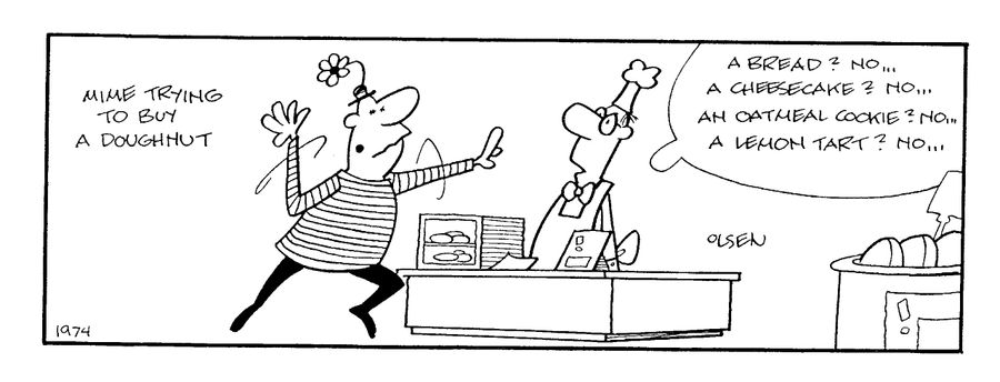 Mime trying to buy a doughnut