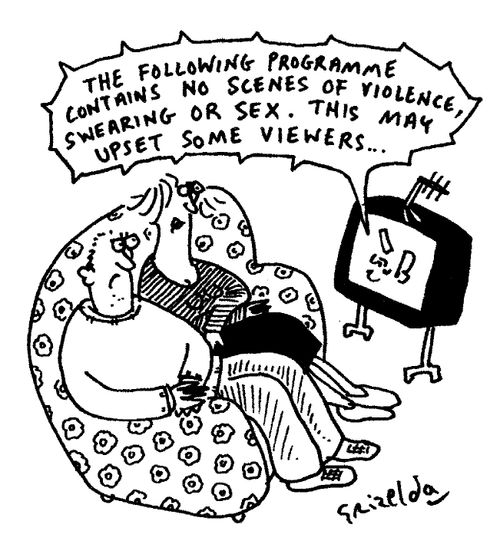 The following programme contain no scenes of violence, swearing or sex. This may upset some viewers...."