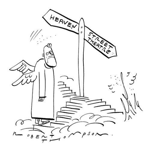 Man on his way to heaven passes a sign "Heaven" up "Street Theatre" down