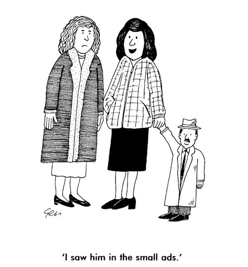 Woman with small man, "I saw him in the small ads"