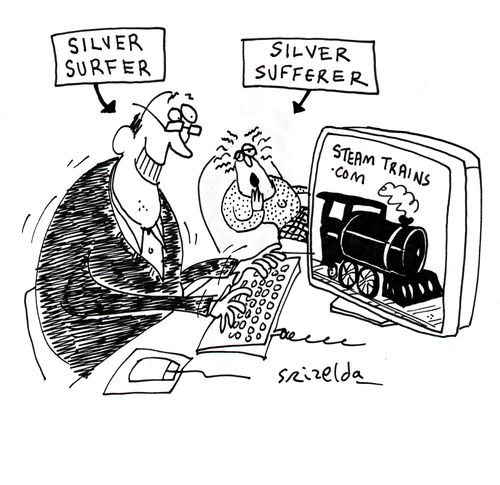 Silver Sufferer - husband looking at steam trains on the internet, wife bored in background