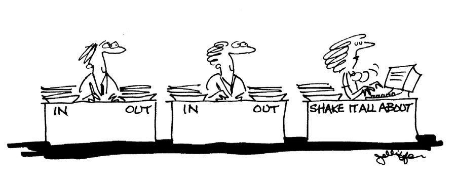 Three desks: In out, In out, Shake it all about.
