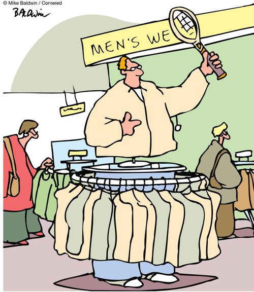 Men's wear, guy hiding under rack.