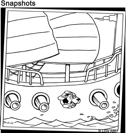 Ship with dog hanging out of window.