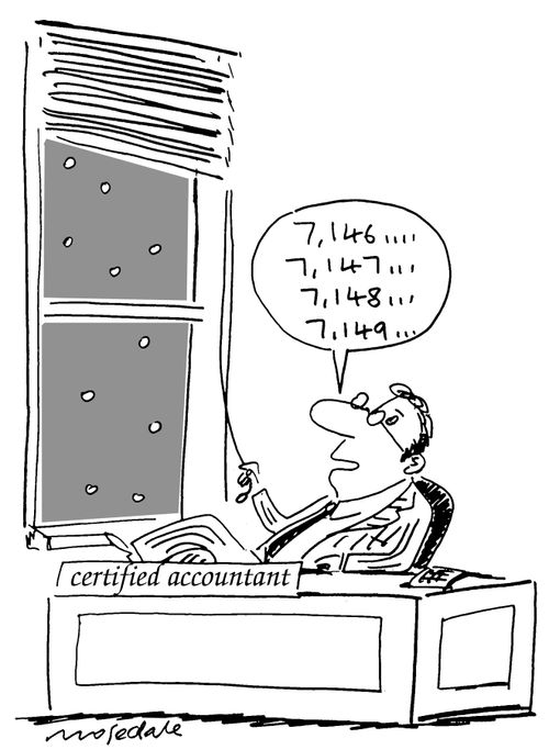 Accountant counting falling snowflakes.