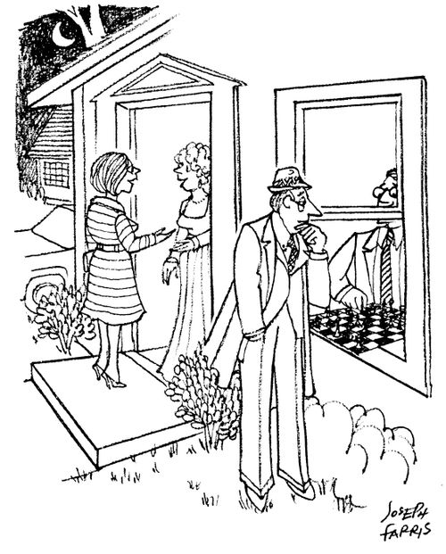 Women Talking at the Door While Men Play Chess through the Window.