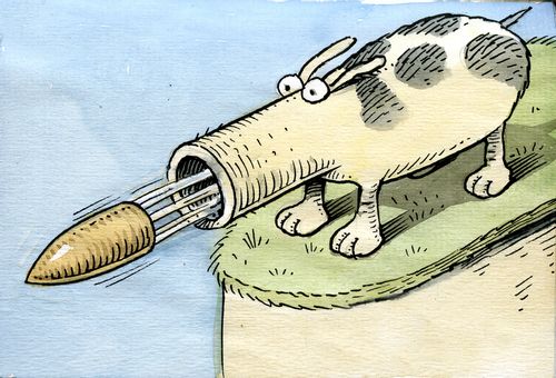 A dog whose nose is a gun.
