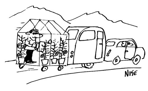 Car towing a caravan and a greenhouse.