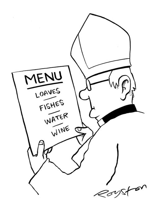 Bishop reads menu which features only loaves, fishes, water and wine.