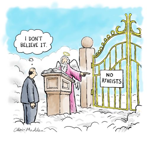An atheist arrives at the gates of heaven.