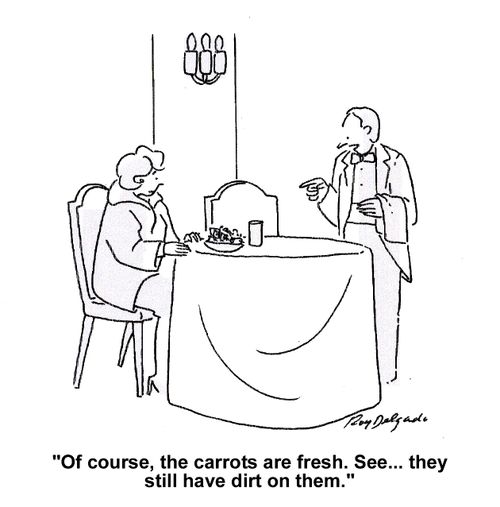 'Of course, the carrots are fresh. See... they still have dirt on them.'