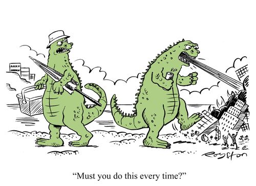 Godzilla-style monsters on beach. One drunk and smashing up city, other says 'Must you do this every time?'