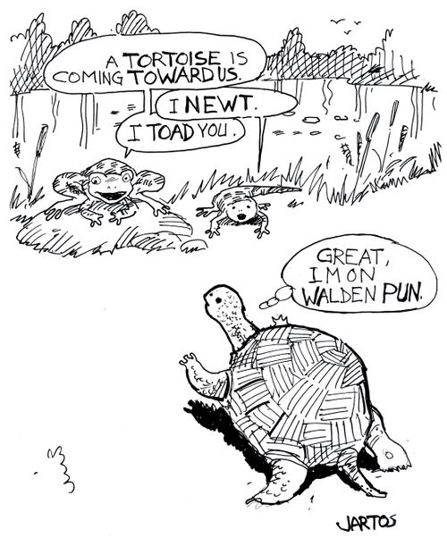 'A tortoise is coming toward us' 'I newt' 'I toad you' 'Great, I'm on Walden Pun.'