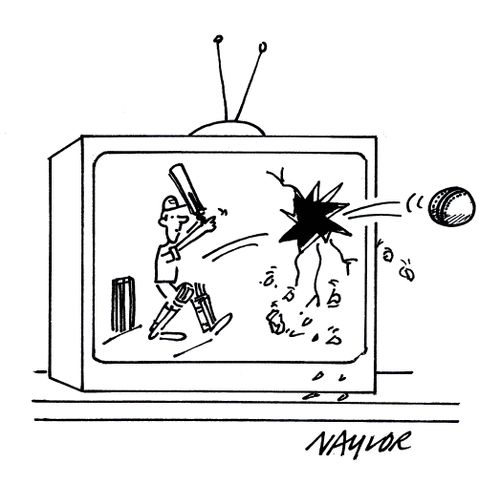 Cricketer hitting ball out of TV.
