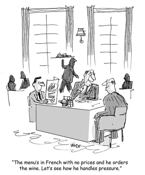 'The menu's in French with no prices and he orders the wine. Let's see how he handles pressure.'