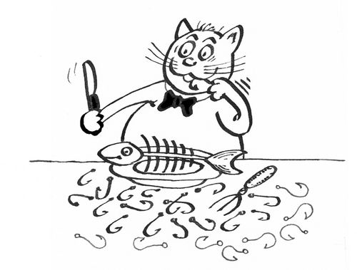 Cat finishes meal surrounded by fish hooks.