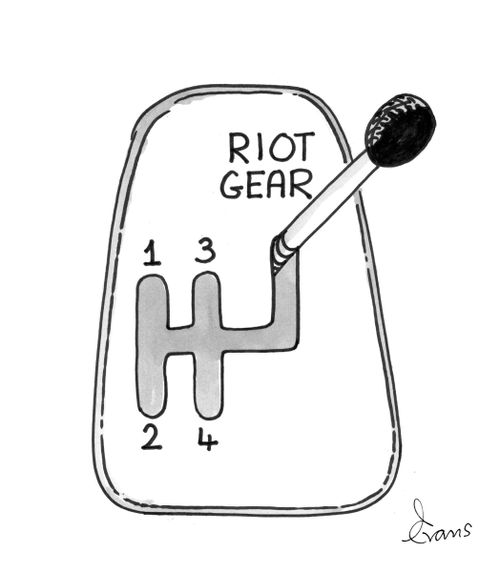 Drawing of car gear stick shift with extra gear (riot gear).