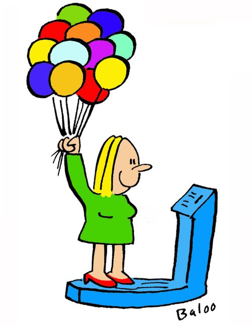 Woman weighs herself on scales, holding helium balloons.