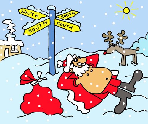 Father Christmas sunbathing at the South Pole.
