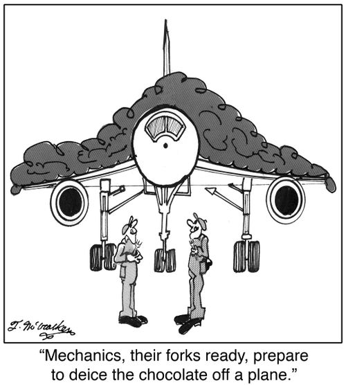 Mechanics, their forks ready, prepare to deice the chocolate off a plane.