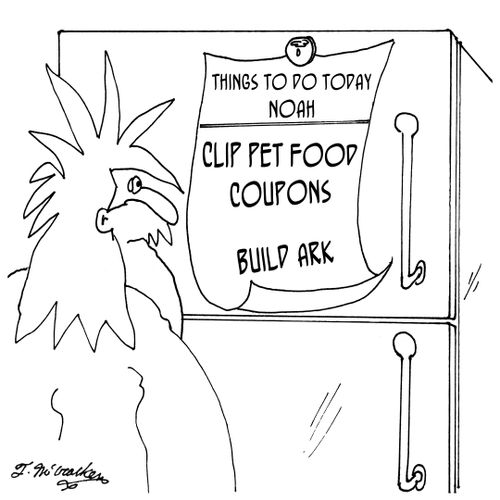 'Noah's Refrigerator.' On it is a 'To Do List' that includes, 'Clip Pet Food Coupons, Build Ark.'