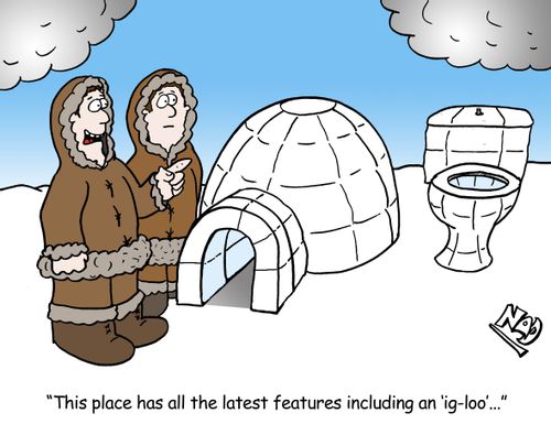 An eskimo shows off his new igloo - 'This place has all the latest features including an 'ig-loo'...'