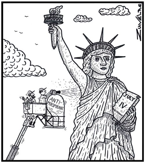 Maintenance worker spraying the armpit of the Statue of Liberty with Antiperspirant, 